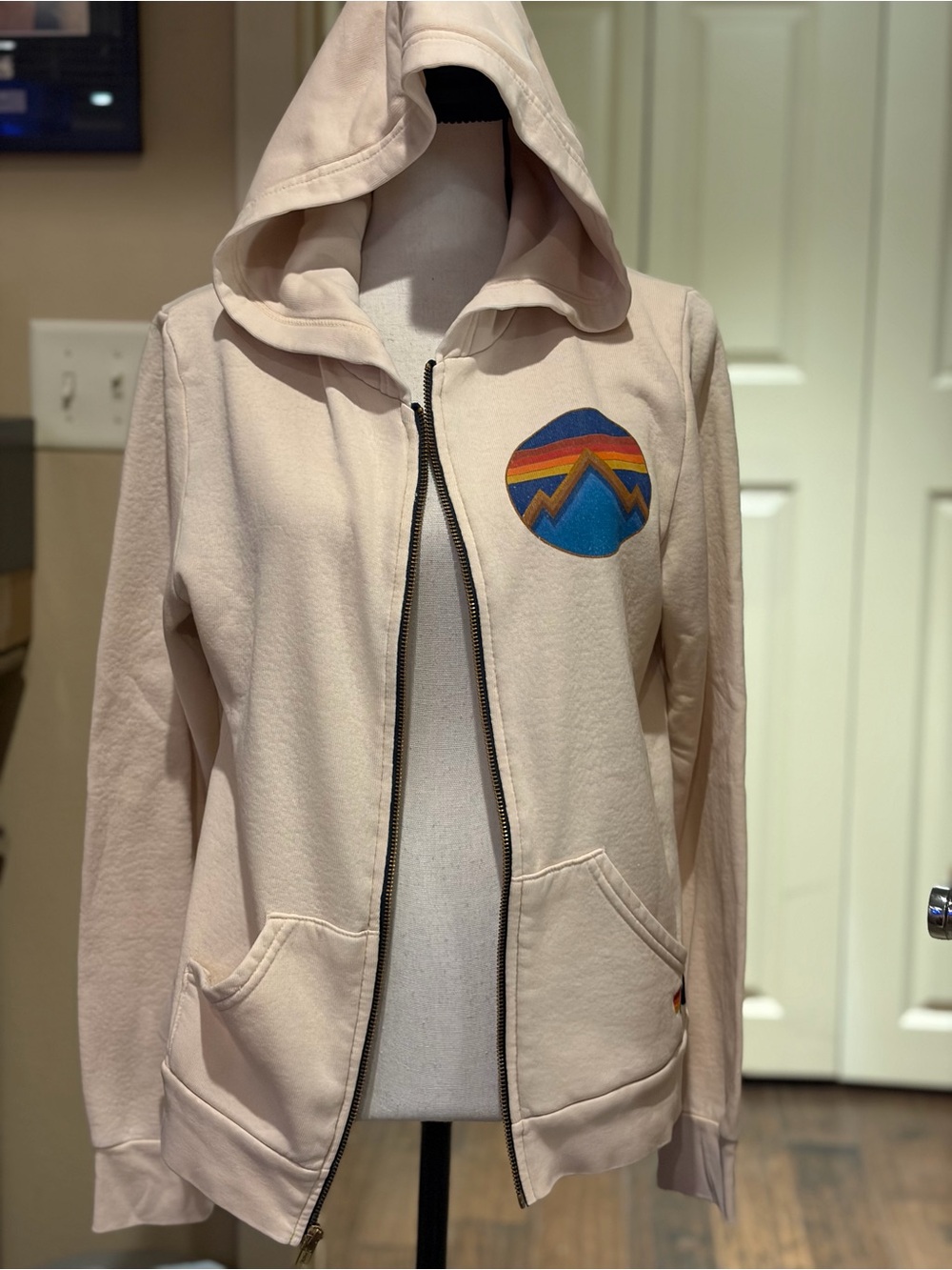 Aviator Nation Cream Zip Hoodie with Colorful Mountain Patch